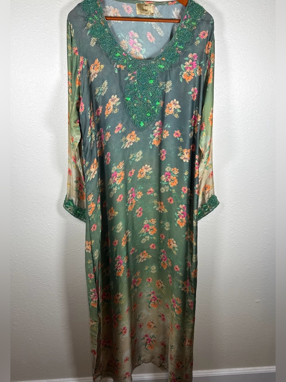 Floral Beaded Kaftan Green Orange Pink Long Sleeve Flowy L Semi Sheer Glam